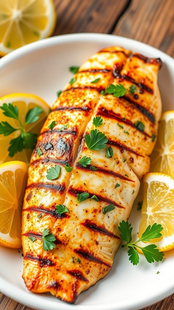 Grilled tilapia fillet garnished with parsley and lemon wedges on a plate.